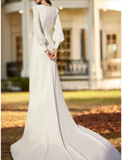 Hall Casual Wedding Dresses Sheath / Column Square Neck Long Sleeve Court Train Chiffon Bridal Gowns With Ruched Split Front