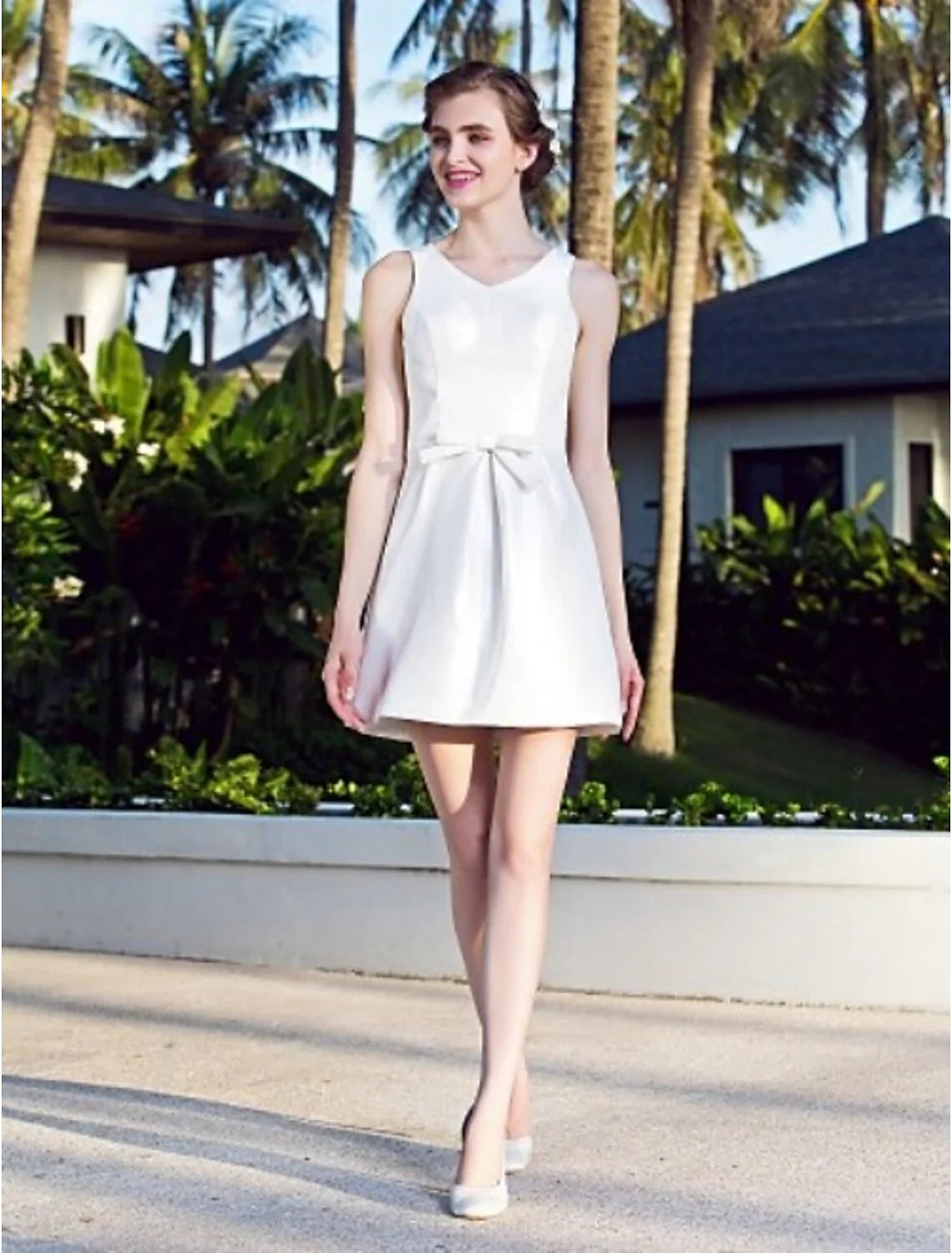 A-Line V Neck Short / Mini Nylon Taffeta Made-To-Measure Wedding Dresses with Bowknot