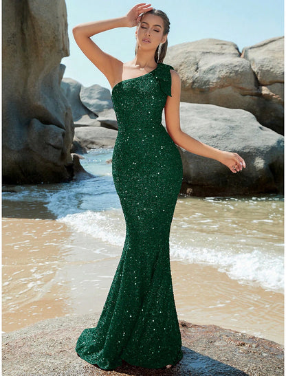 Mermaid / Trumpet Evening Gown Sparkle & Shine Dress Formal Fall Sweep / Brush Train Sleeveless One Shoulder Sequined with Glitter Shouder Flower