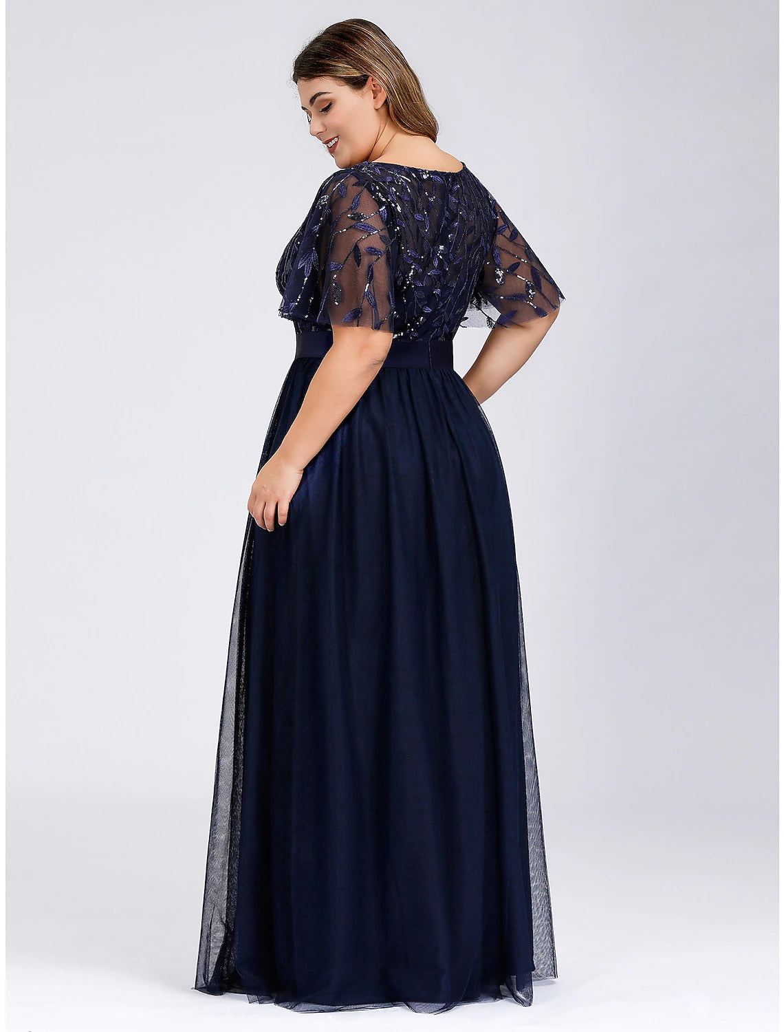 A-Line Prom Dresses Plus Size Dress Wedding Guest Floor Length Short Sleeve Jewel Neck Chiffon with Appliques