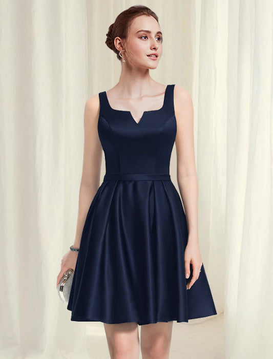 A-Line Cocktail Dresses Little Black Dress Dress Homecoming Short / Mini Sleeveless Scoop Neck Satin with Pleats