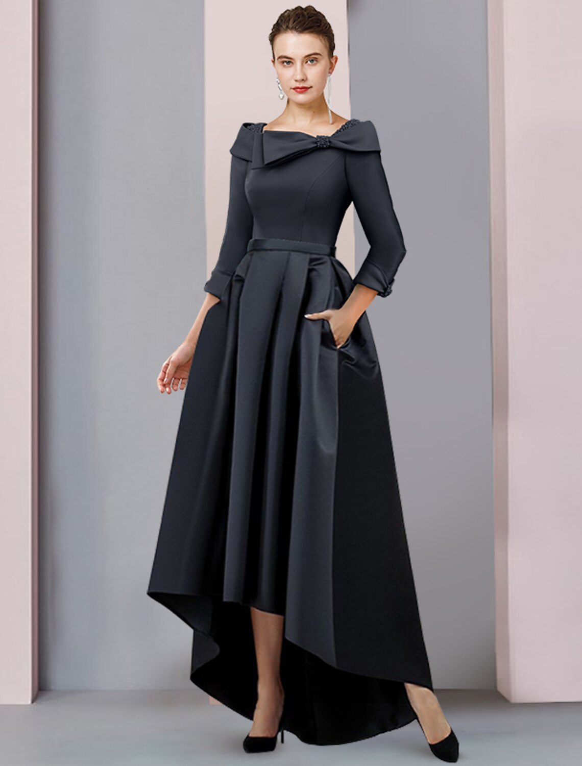 A-Line Mother of the Bride Dress Wedding Guest Elegant High Low Scoop Neck Asymmetrical Tea Length Satin 3/4 Length Sleeve with Bow(s) Pleats