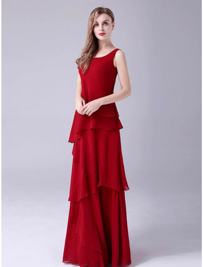 A-Line Mother of the Bride Dress Plus Size Elegant Scoop Neck Floor Length Chiffon Sleeveless with Beading Cascading Ruffles