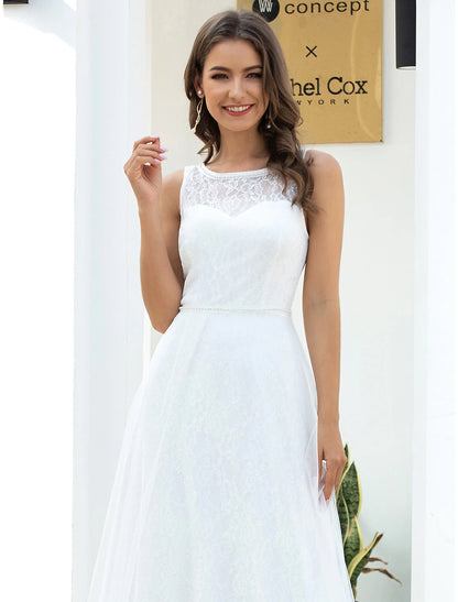 Beach Wedding Dresses A-Line Scoop Neck Sleeveless Floor Length Lace Bridal Gowns With Lace Summer Wedding Party