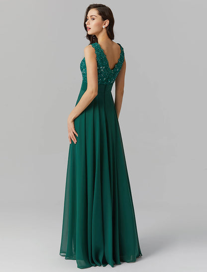 A-Line Elegant Dress Wedding Guest Formal Evening Floor Length Sleeveless V Neck Chiffon V Back with Sash / Ribbon Beading