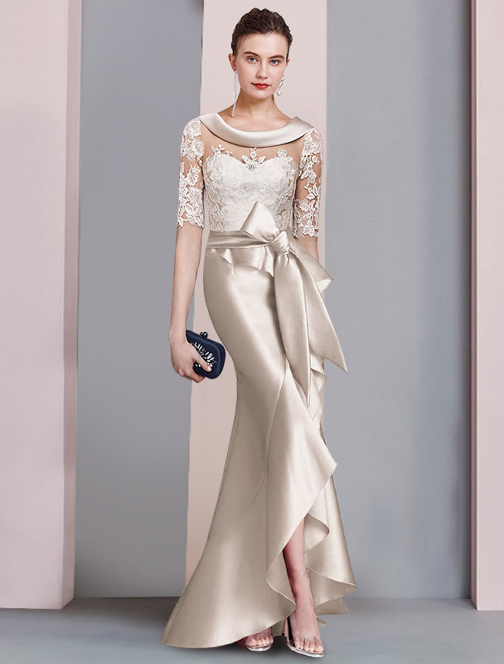 Mermaid / Trumpet Mother of the Bride Dress Elegant V Neck Sweep / Brush Train Lace Satin 3/4 Length Sleeve with Sash / Ribbon Bow(s) main image 0