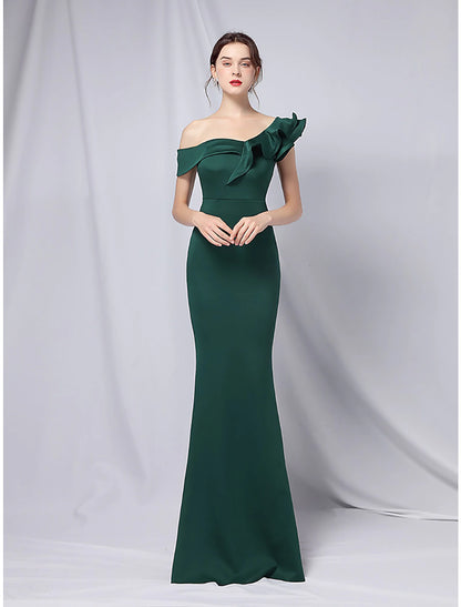 Mermaid / Trumpet Evening Gown Empire Dress Wedding Guest Floor Length Short Sleeve One Shoulder Stretch Satin with Ruffles