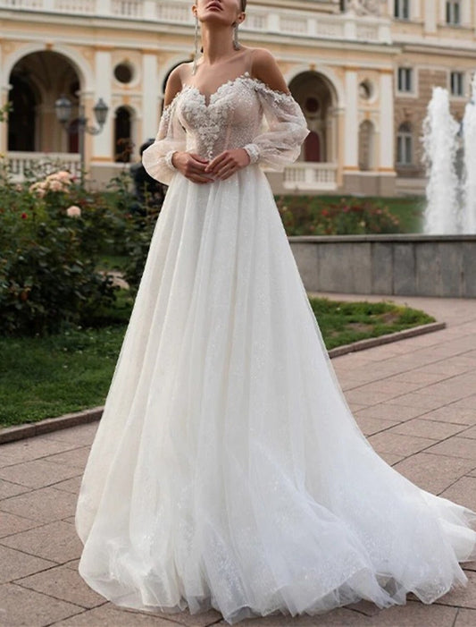 Engagement Formal Wedding Dresses A-Line Off Shoulder Long Sleeve Court Train Lace Bridal Gowns With Appliques Solid Color