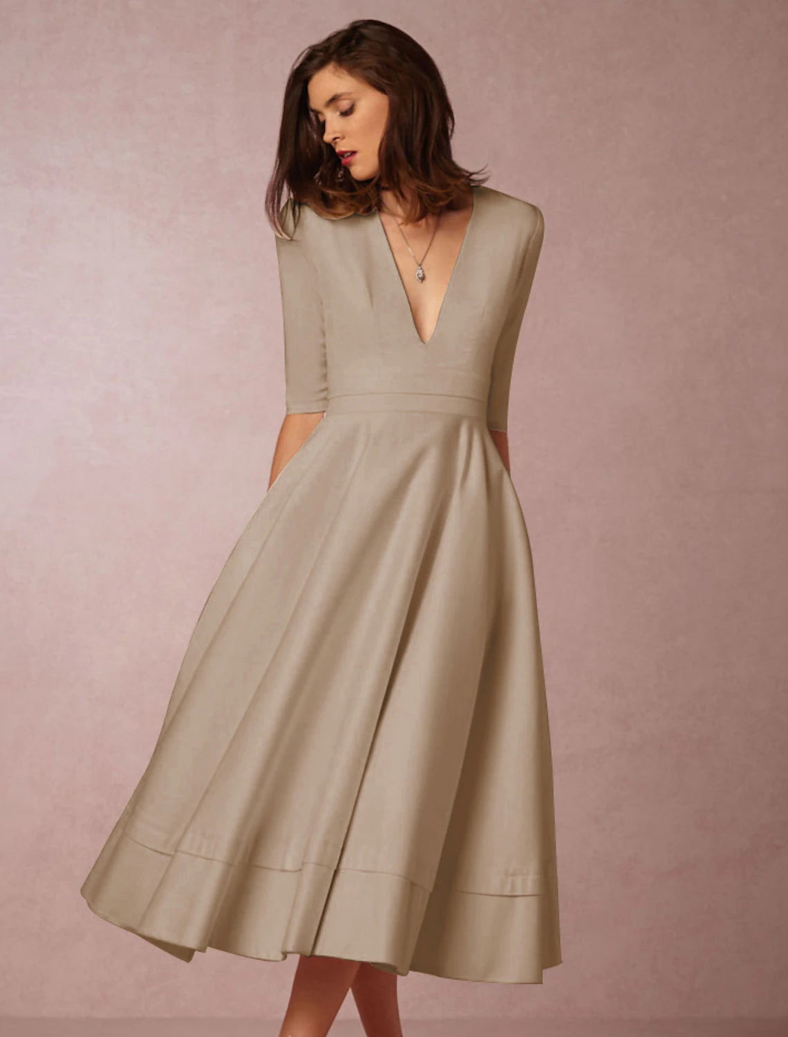 A-Line Special Occasion Dresses Party Dress Holiday Tea Length Half Sleeve V Neck Pocket Jersey with Pleats