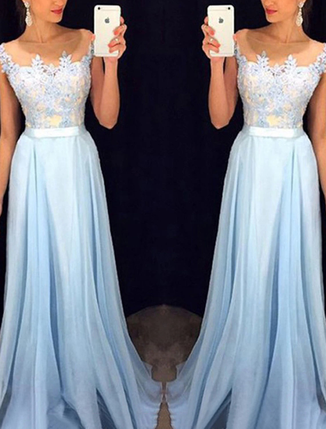 A-Line Prom Dresses Color Block Dress Formal Floor Length Sleeveless Jewel Neck Chiffon with Beading Appliques