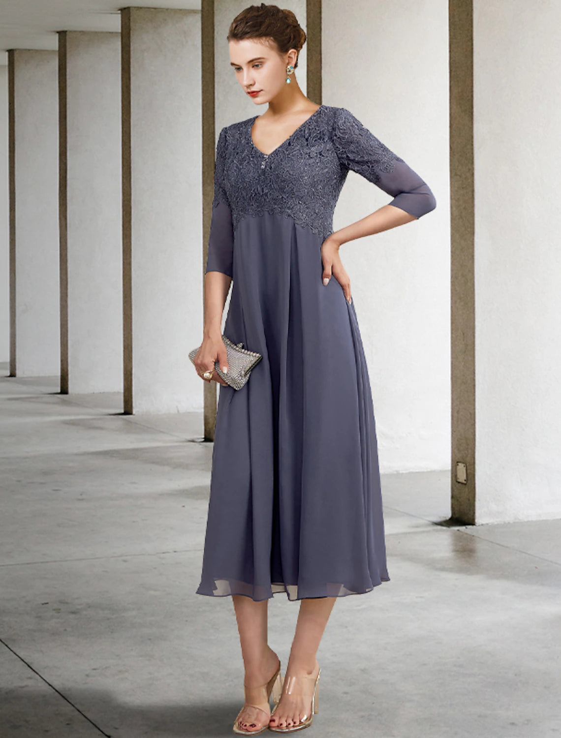 A-Line Mother of the Bride Dress Fall Wedding Guest Plus Size Elegant V Neck Tea Length Chiffon Lace 3/4 Length Sleeve with Ruffles Appliques 2023