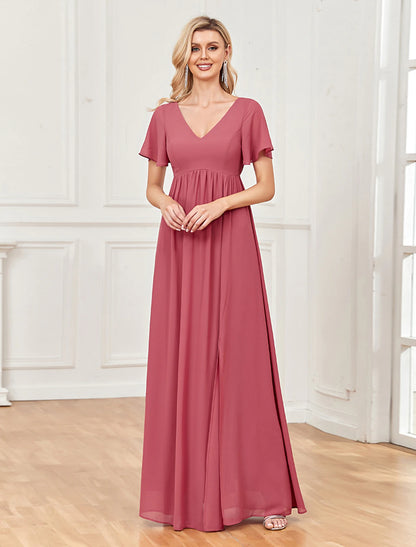 A-Line Evening Gown Empire Dress Party Wear Wedding Party Floor Length Short Sleeve V Neck Chiffon V Back with Slit