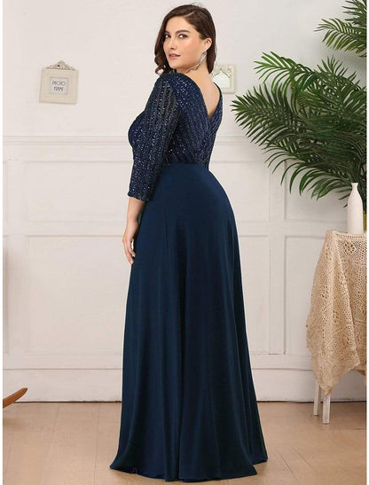 A-Line Evening Gown Plus Size Dress Wedding Guest Floor Length 3/4 Length Sleeve V Neck Chiffon V Back with Sequin