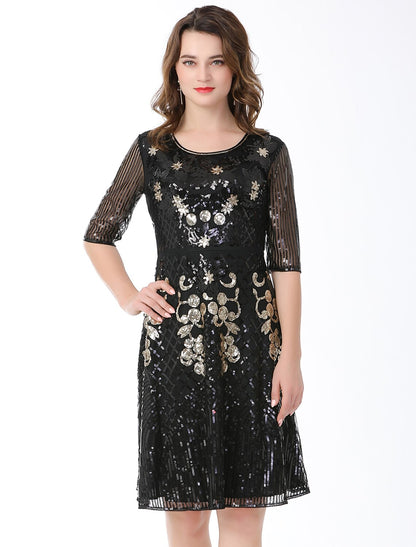 A-Line Cocktail Dresses Vintage Dress Holiday Knee Length Half Sleeve Jewel Neck Cotton Blend with Sequin Splicing