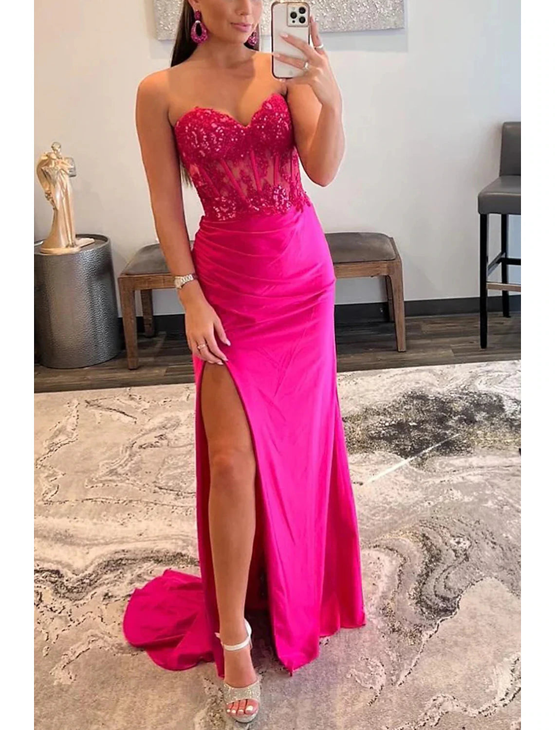 Mermaid / Trumpet Prom Dresses Empire Dress Formal Wedding Party Sweep / Brush Train Sleeveless Sweetheart Satin with Appliques