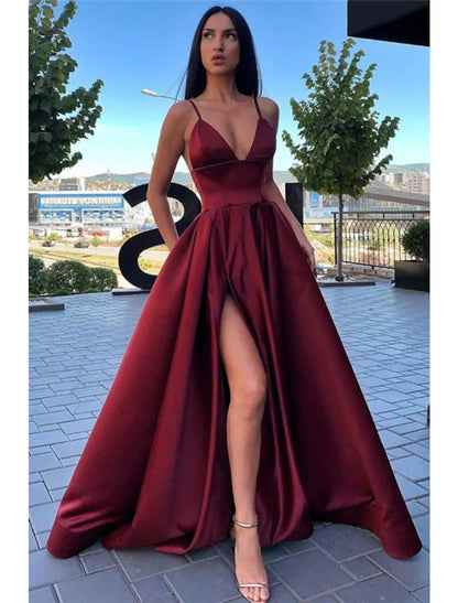 A-Line Black Prom Dress High Split Evening Dress Formal Birthday Summer Dress Spaghetti Strap Sleeveless Sweep / Brush Train Satin with Pleats Split Front