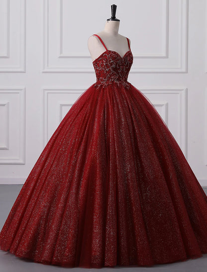 Ball Gown Prom Dresses Princess Dress Graduation Floor Length Sleeveless Spaghetti Strap Lace with Beading Appliques