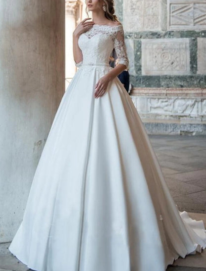 Engagement Formal Fall Wedding Dresses Ball Gown Off Shoulder Half Sleeve Sweep / Brush Train Satin Bridal Gowns With Pleats Appliques 2023 Summer Wedding Party