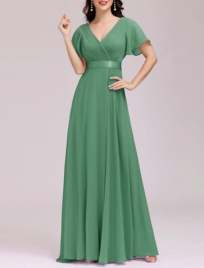 A-Line Empire Fall Wedding Guest Dress For Bridesmaid Plus Size Formal Evening Dress V Neck Short Sleeve Floor Length Chiffon with Pleats Ruched