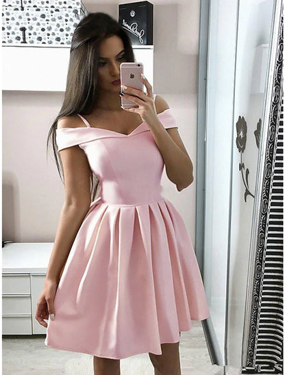 A-Line Cocktail Dresses Minimalist Dress Homecoming Knee Length Sleeveless V Neck Pink Dress Stretch Fabric with Pleats