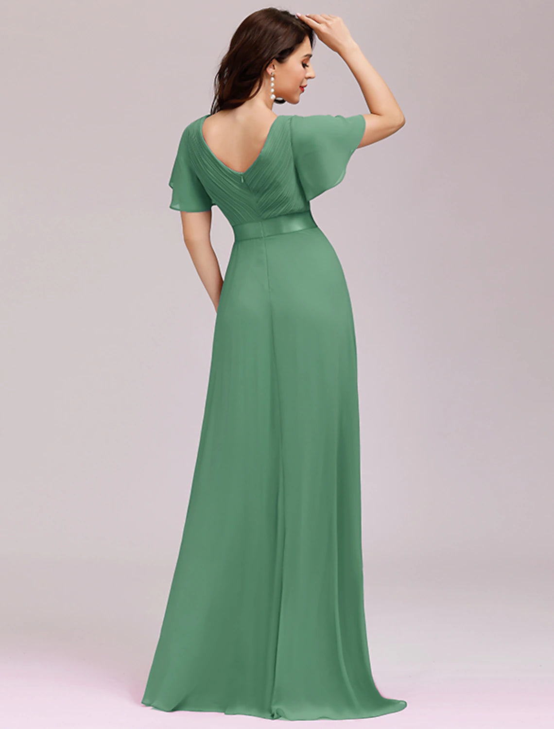 A-Line Empire Fall Wedding Guest Dress For Bridesmaid Plus Size Formal Evening Dress V Neck Short Sleeve Floor Length Chiffon with Pleats Ruched