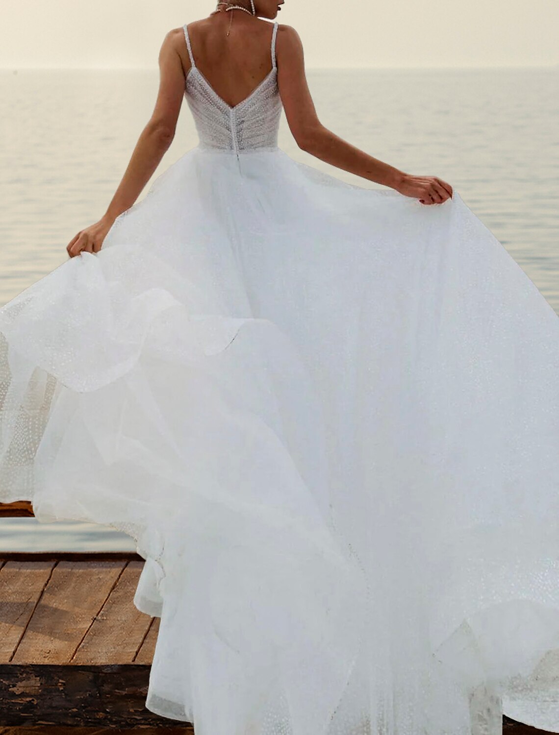 Beach Boho Wedding Dresses A-Line Sweetheart Camisole Spaghetti Strap Court Train Tulle Bridal Gowns With Solid Color