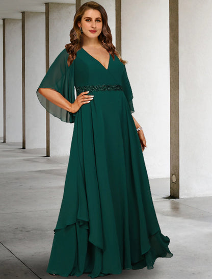 A-Line Mother of the Bride Dresses Plus Size Hide Belly Curve Elegant Dress Formal Sweep / Brush Train Half Sleeve V Neck Chiffon with Ruffles Strappy