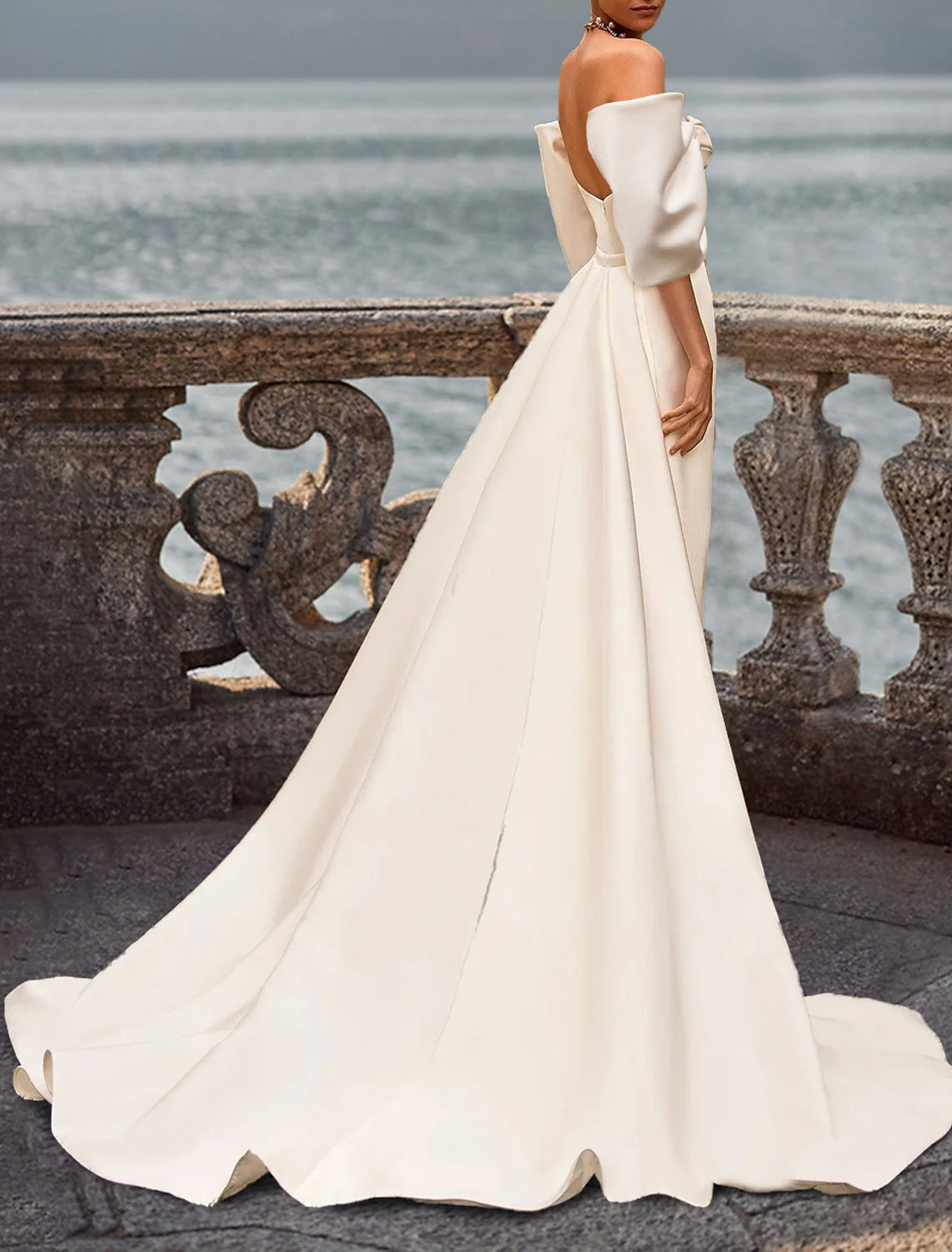 Beach Casual Wedding Dresses Mermaid / Trumpet Off Shoulder Short Sleeve Court Train Satin Bridal Gowns With Solid Color