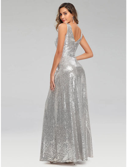 A-Line Prom Dresses Sparkle Dress Wedding Guest Engagement Floor Length Sleeveless V Neck Polyester V Back with Sequin