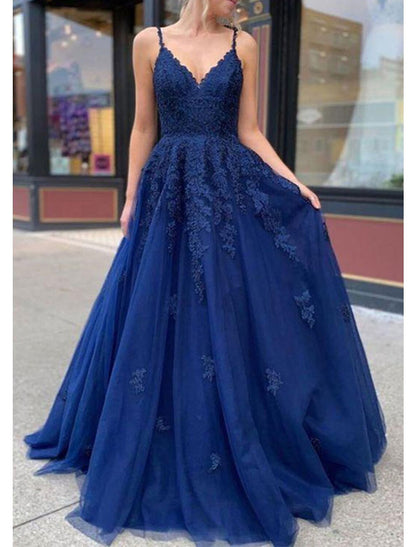 A-line/Princess V Neck Long/Floor-Length Lace Prom Dresses