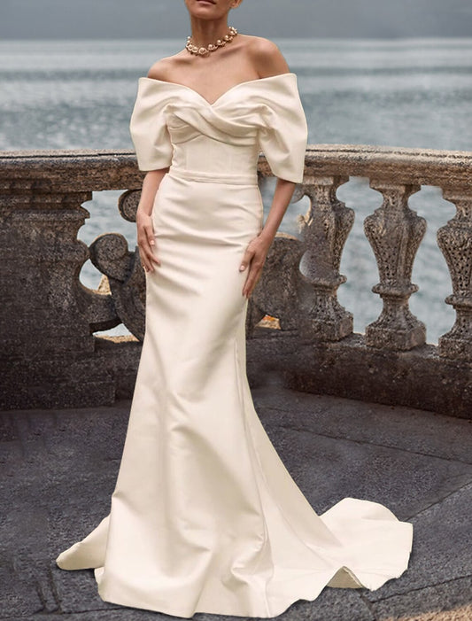 Beach Casual Wedding Dresses Mermaid / Trumpet Off Shoulder Short Sleeve Court Train Satin Bridal Gowns With Solid Color