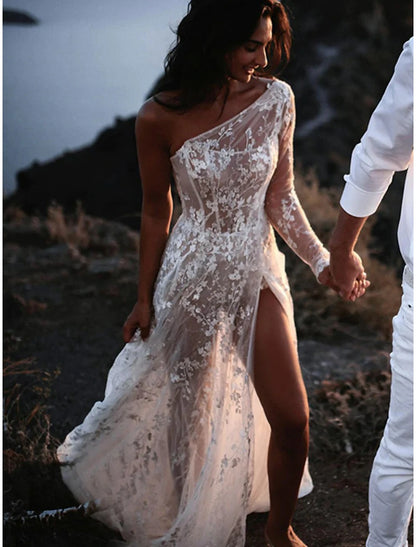 Beach Sexy Boho Wedding Dresses A-Line One Shoulder Long Sleeve Sweep / Brush Train Lace Bridal Gowns With Split Front Summer Wedding Party