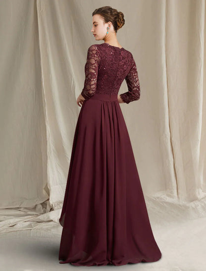 A-Line Mother of the Bride Dress Plus Size Elegant High Low V Neck Asymmetrical Floor Length Chiffon Lace 3/4 Length Sleeve with Pleats Appliques Crystal Brooch