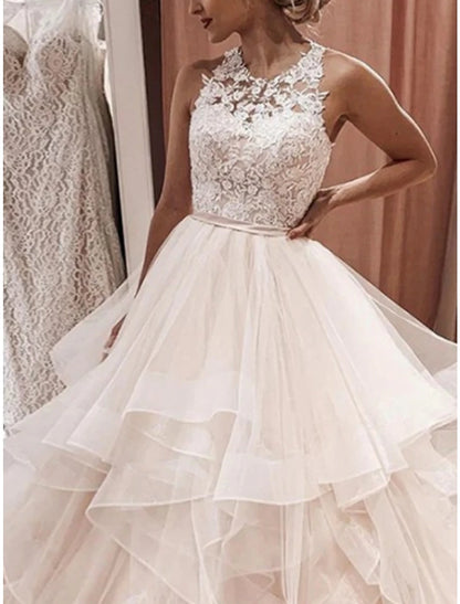 Formal Wedding Dresses Ball Gown Scoop Neck Sleeveless Sweep / Brush Train Lace Bridal Gowns With Solid Color