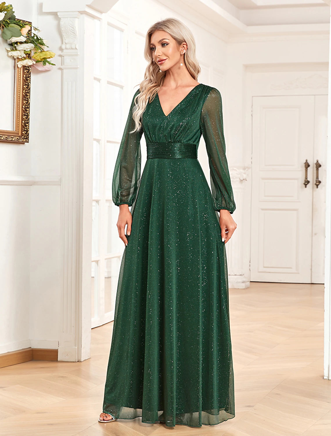 A-Line Evening Gown Sparkle & Shine Dress Formal Wedding Party Floor Length Long Sleeve V Neck Chiffon with Sequin