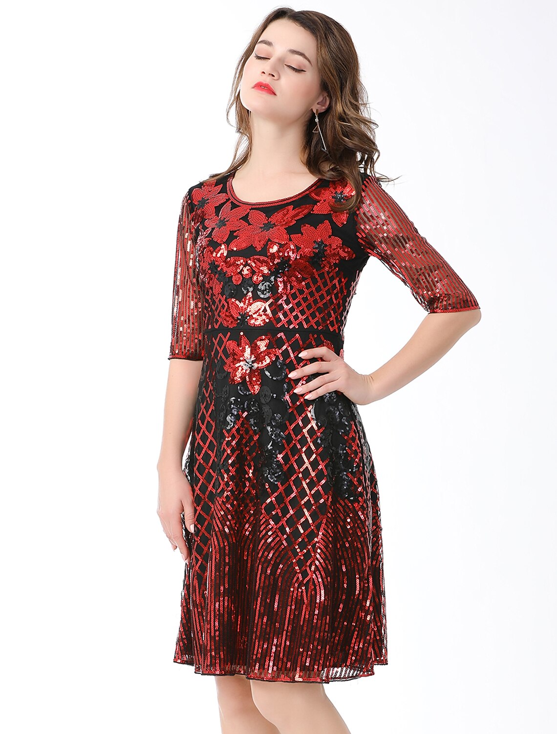 A-Line Cocktail Dresses Vintage Dress Holiday Knee Length Half Sleeve Jewel Neck Cotton Blend with Sequin Splicing