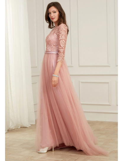 A-Line Evening Gown Spring Dress Party Wear Sweep / Brush Train Long Sleeve Jewel Neck Lace with Appliques