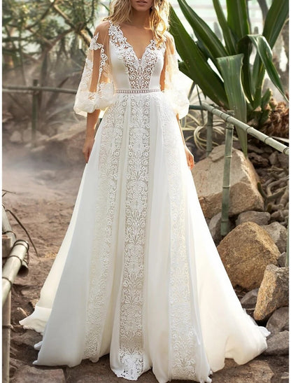 Engagement Formal Fall Wedding Dresses A-Line V Neck 3/4 Length Sleeve Court Train Chiffon Bridal Gowns With Appliques Solid Color Summer Wedding Party, Women's Clothing