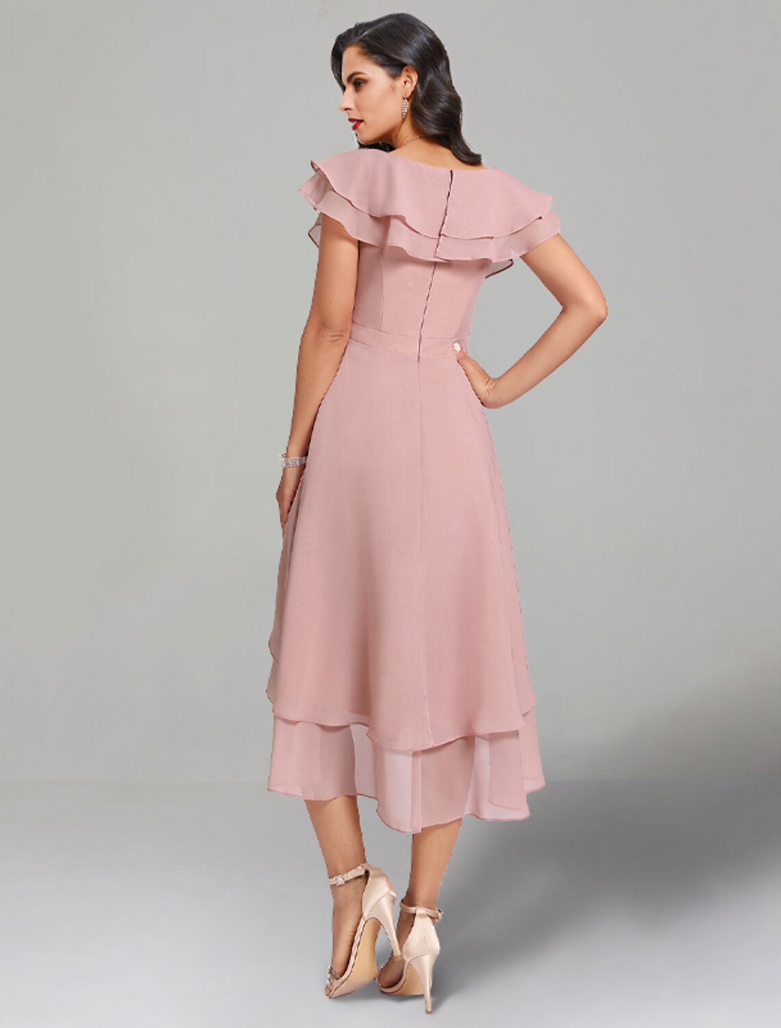 A-Line Wedding Guest Dresses Elegant Dress Cocktail Party Semi Formal Tea Length Short Sleeve V Neck Chiffon with Slit