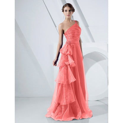 A-Line Elegant Dress Formal Evening Military Ball Floor Length Sleeveless One Shoulder Organza with Side Draping Cascading Ruffles