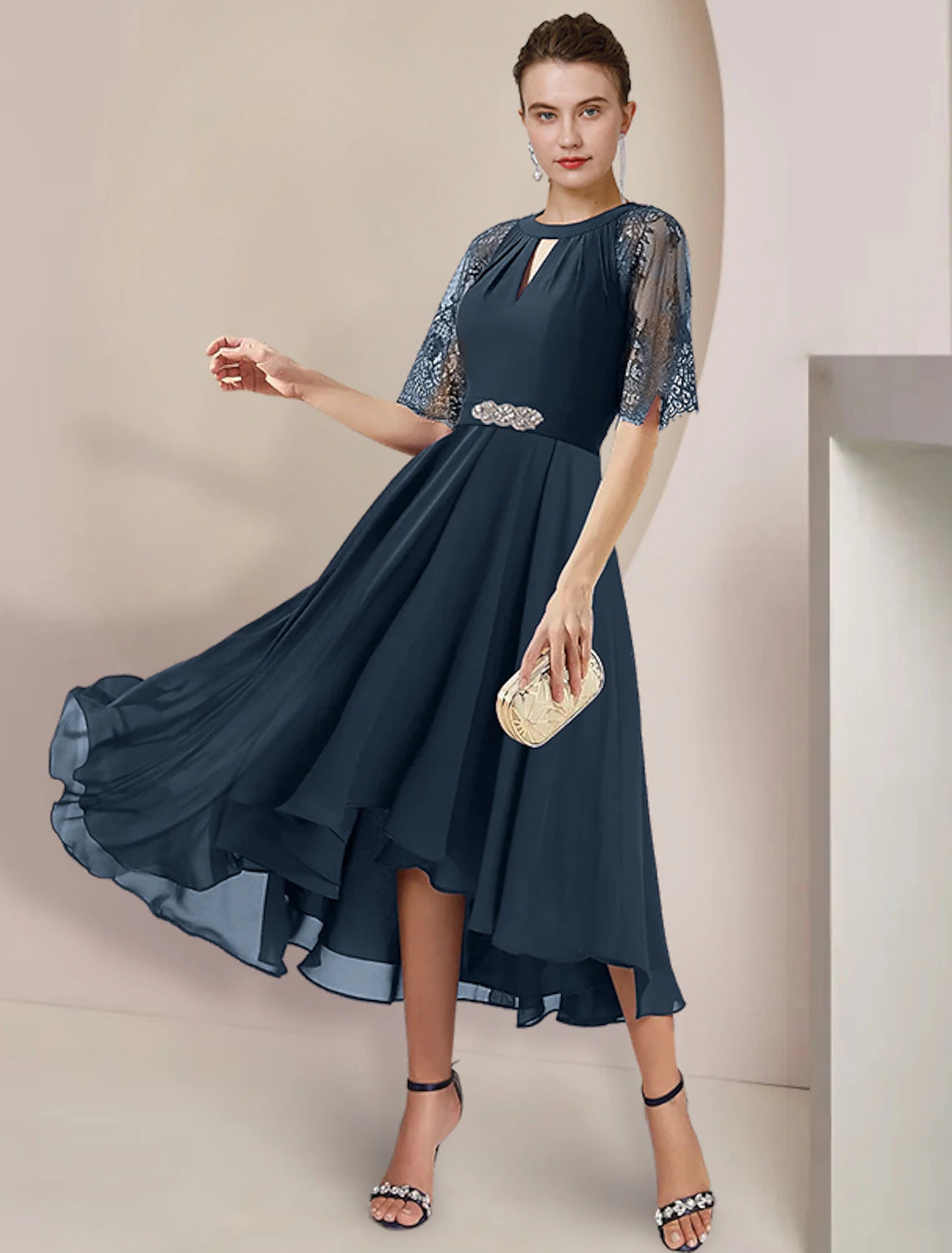 A-Line Mother of the Bride Dress Formal Wedding Guest Party Elegant High Low Scoop Neck Tea Length Chiffon Lace 3/4 Length Sleeve with Pleats Crystal Brooch