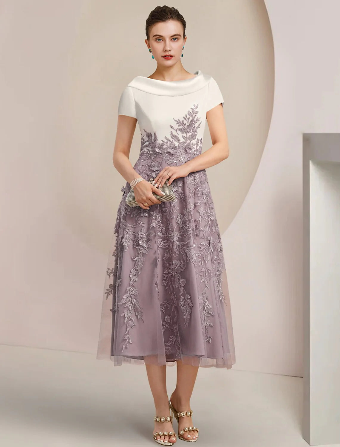 A-Line Mother of the Bride Dress Formal Wedding Guest Elegant Scoop Neck Tea Length Satin Lace Short Sleeve with Sequin Appliques Color Block