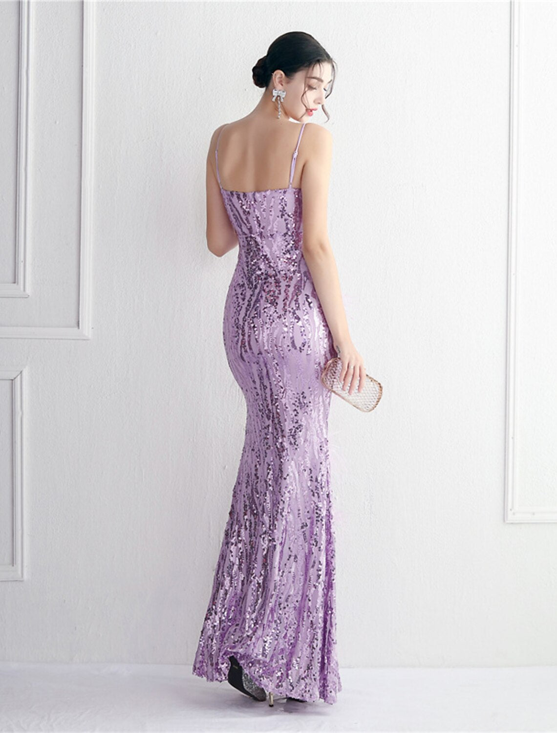 Mermaid / Trumpet Evening Gown Sparkle & Shine Dress Formal Wedding Guest Floor Length Sleeveless Spaghetti Strap Sequined with Beading Sequin Slit