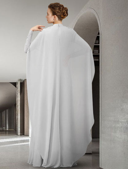 A-Line Mother of the Bride Dress Elegant High Neck Sweep / Brush Train Chiffon Lace Long Sleeve with Pleats Appliques