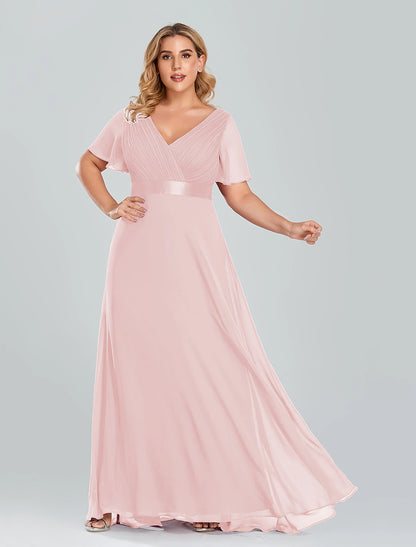 A-Line Prom Dresses Empire Dress Wedding Guest Floor Length Short Sleeve V Neck Chiffon with Pleats