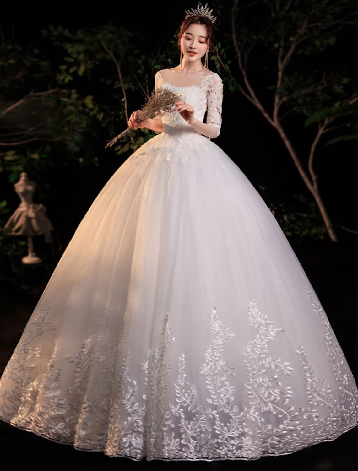 Engagement Formal Wedding Dresses Floor Length Princess Half Sleeve Jewel Neck Lace With Appliques