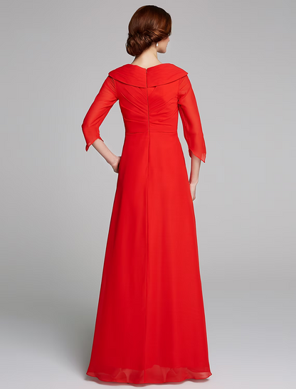 A-Line Mother of the Bride Dress Elegant V Neck Floor Length Chiffon Half Sleeve with Pleats Appliques