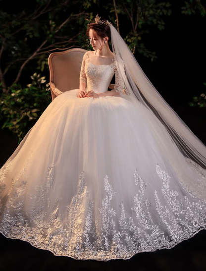 Engagement Formal Wedding Dresses Floor Length Princess Half Sleeve Jewel Neck Lace With Appliques