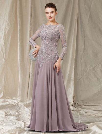 A-Line Mother of the Bride Dress Elegant Chiffon Lace Long Sleeve with Pleats Appliques