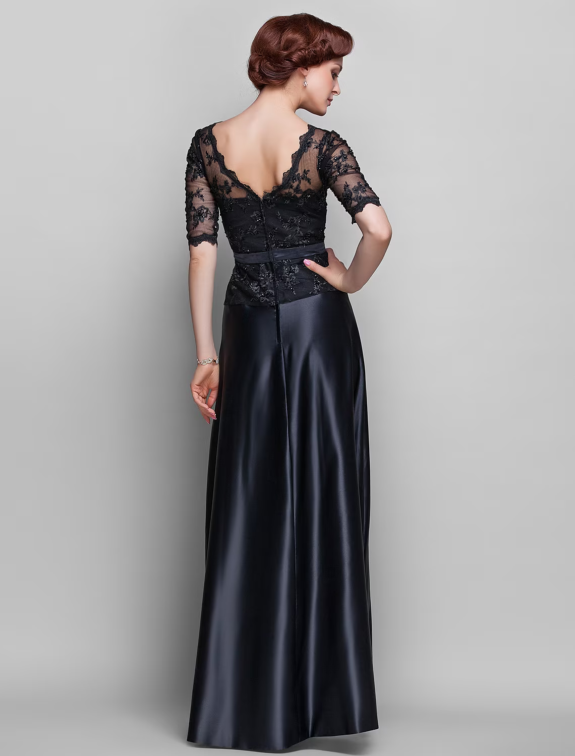 A-Line Mother of the Bride Dress  V Neck Floor Length Satin Lace Half Sleeve with Lace Bow(s) Beading